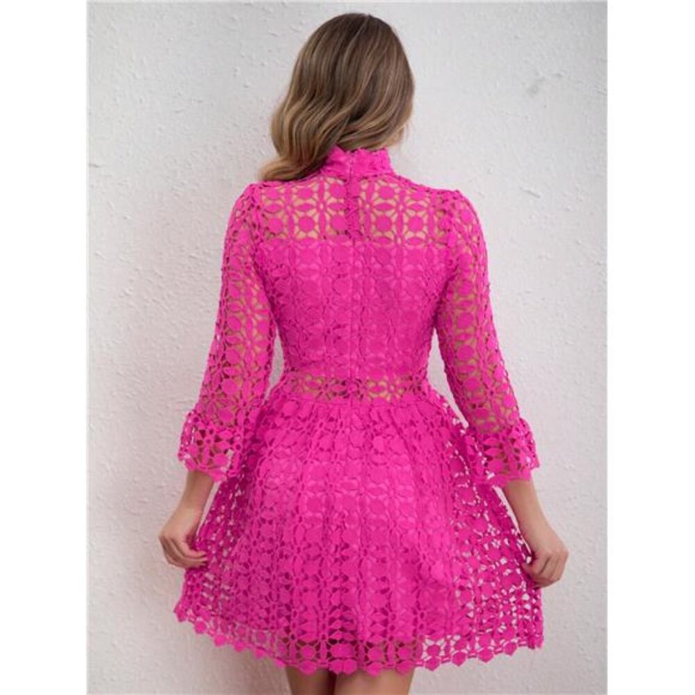 NEW - Elegant Hot Pink Women Stand Collar Flared Sleeve Hollow Lace‎ - Picture 2 of 6